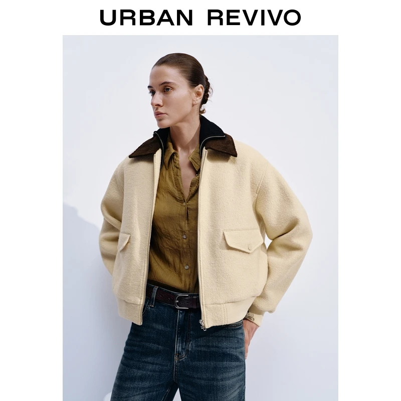 UR2025冬季新款女装撞色灯芯绒翻领口袋呢料外套UWH150068