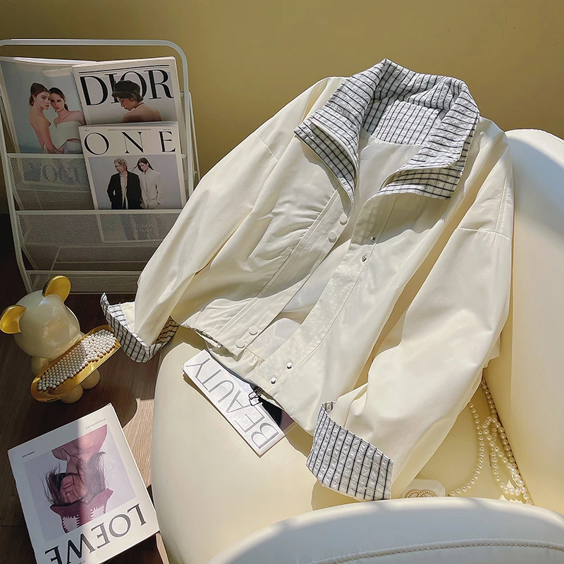 韩系假两件拼接格子短外套女2025秋冬新款韩版宽松小个子休闲夹克