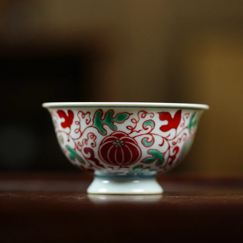 红绿彩西瓜小高足杯（翁宿底款）（翁宿S0221）
