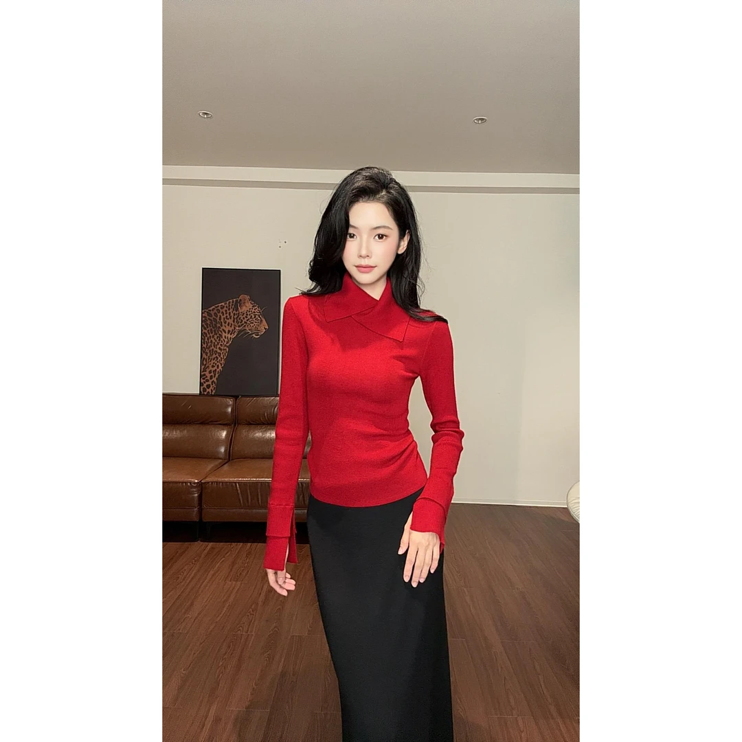 2025新款超好看打底百搭翻领修身针织长袖袖口打底衫女装秋冬内搭