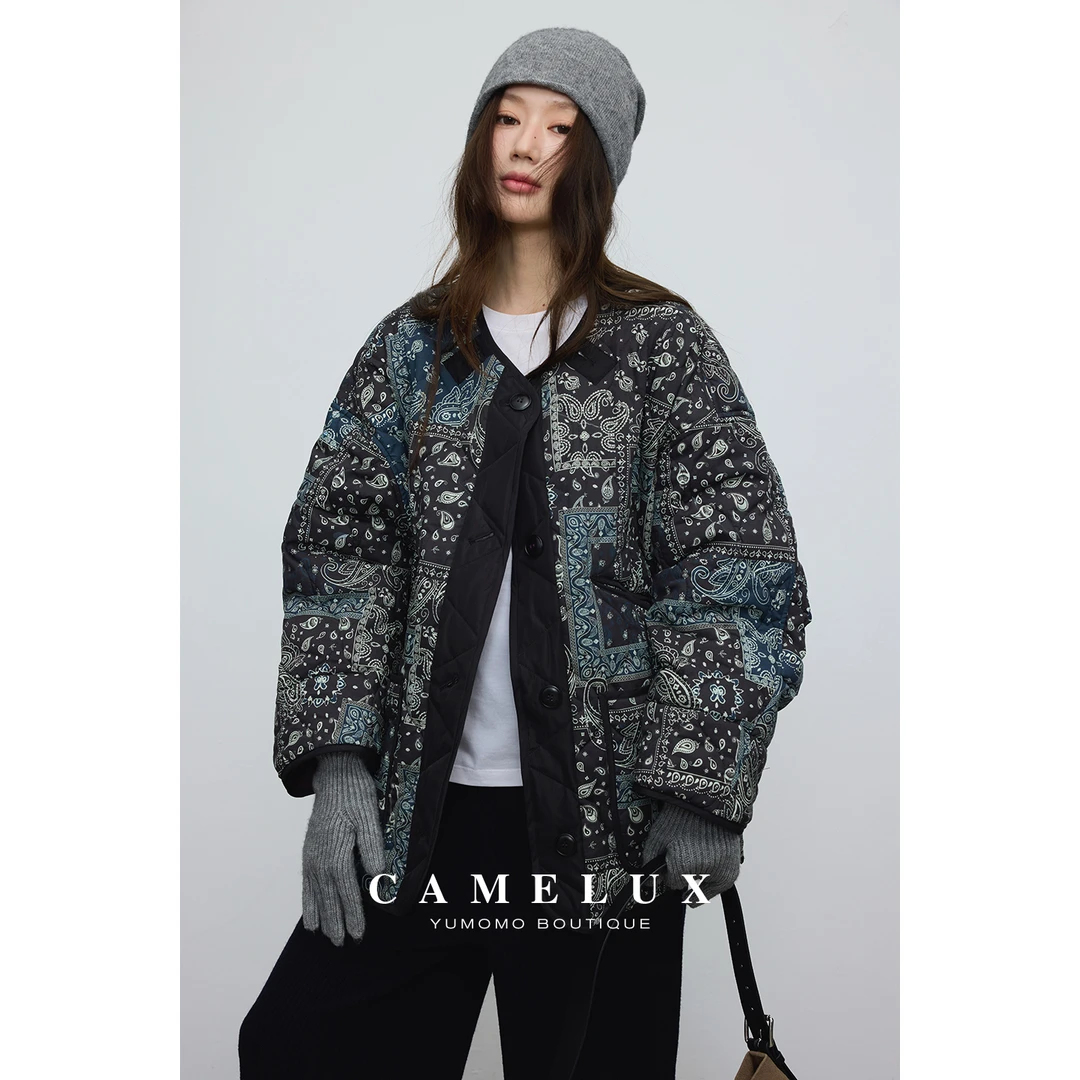 【Camelux线】佩斯利棉服  宽松腰果花保暖外套+三角巾+盆帽QWA3050