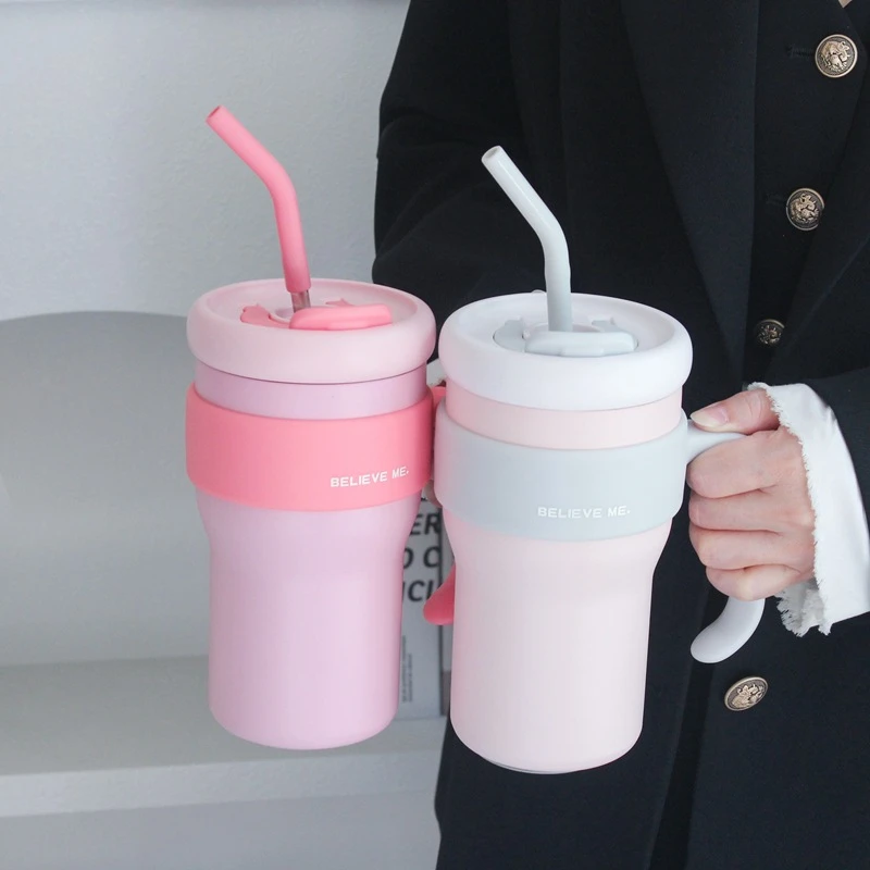 跨境大容量手柄汽车杯居家办公双饮吸管杯大容量316不锈钢保温杯