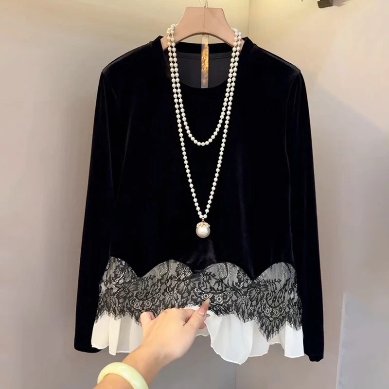 2025秋季新款黑色高级感蕾丝拼接T恤女修身显瘦丝绒打底衫上衣