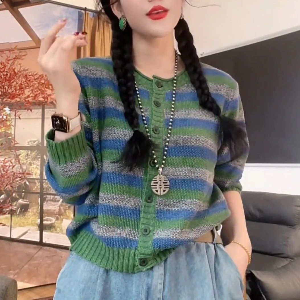 复古秋季时尚百搭条纹开衫针织上衣新款文艺圆领单排宽松外套毛衣