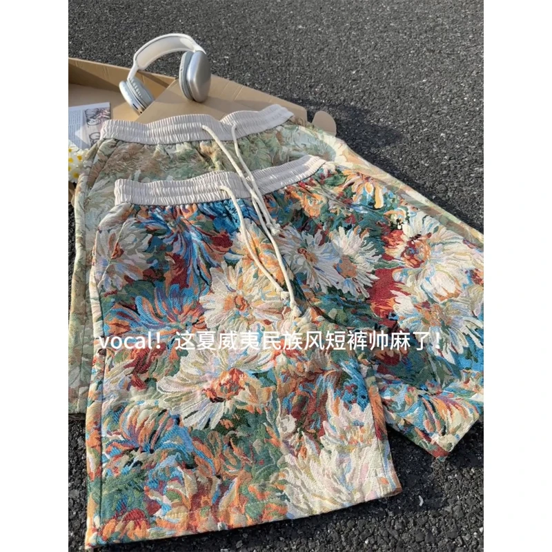 民族风花朵短裤夏季潮牌外穿大裤衩oversize休闲高街情侣五分裤子