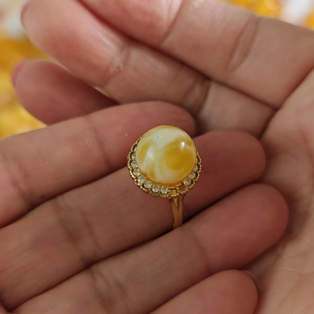 银S925镀金镶嵌蜜蜡戒指