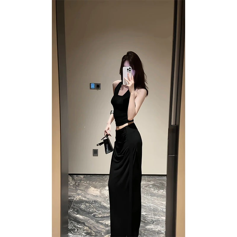 2025夏季新款ins气质御姐名媛范挂脖无袖背心女配高腰显瘦半身裙