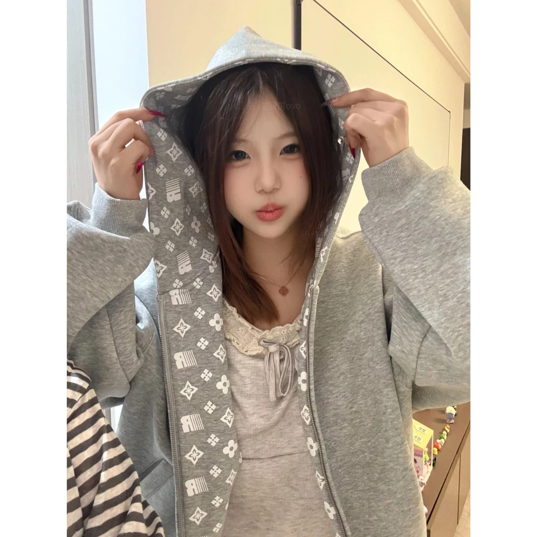 美式街头连帽卫衣开衫女秋季拉链帽衫慵懒风长袖宽松重磅情侣上衣