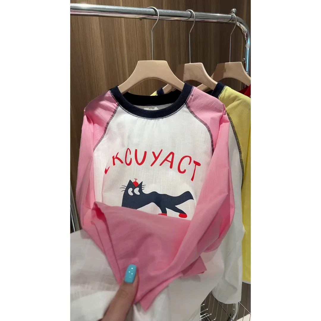 彩色袖撞色明线字母猫咪插肩袖T恤春夏季休闲百搭拼色长袖