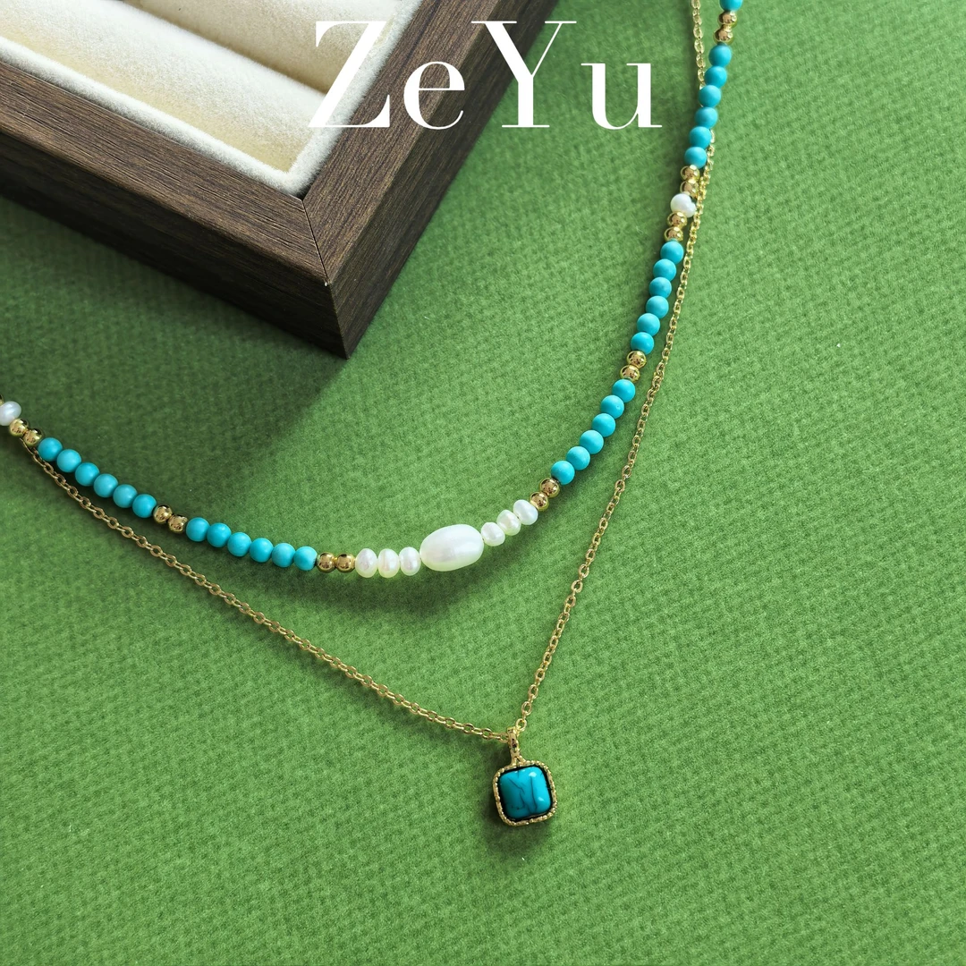 铜合金项链 层穹·大自然材质蓝色串珠锁骨链2025年夏季旅游新疆