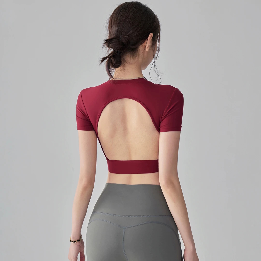 健身女孩性感露背瑜伽服带胸垫速干透气紧身运动t恤跑步训练短袖