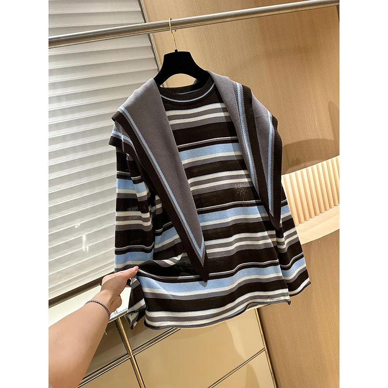 欧洲站2025秋季新款慵懒风披肩条纹长袖针织衫女显瘦两件套上衣潮