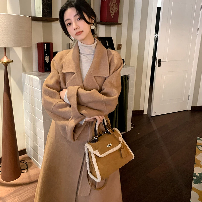DUCURNO驼色双面毛呢外套女冬季2026年新款高级感气质中长款大衣