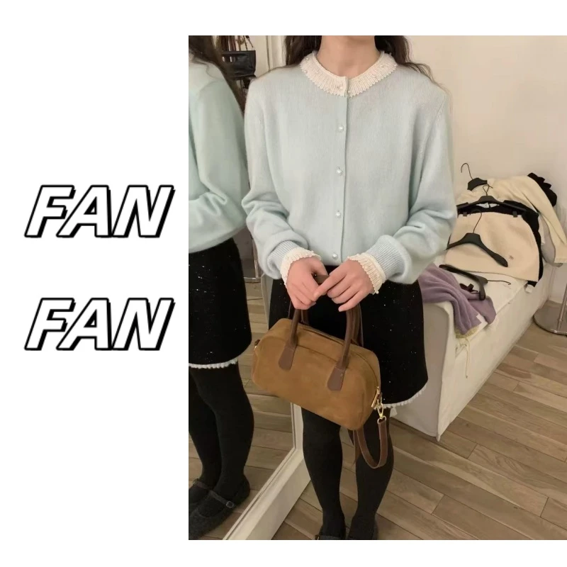 FANFAN  蕾丝木耳边领口 毛针织衫长袖开衫