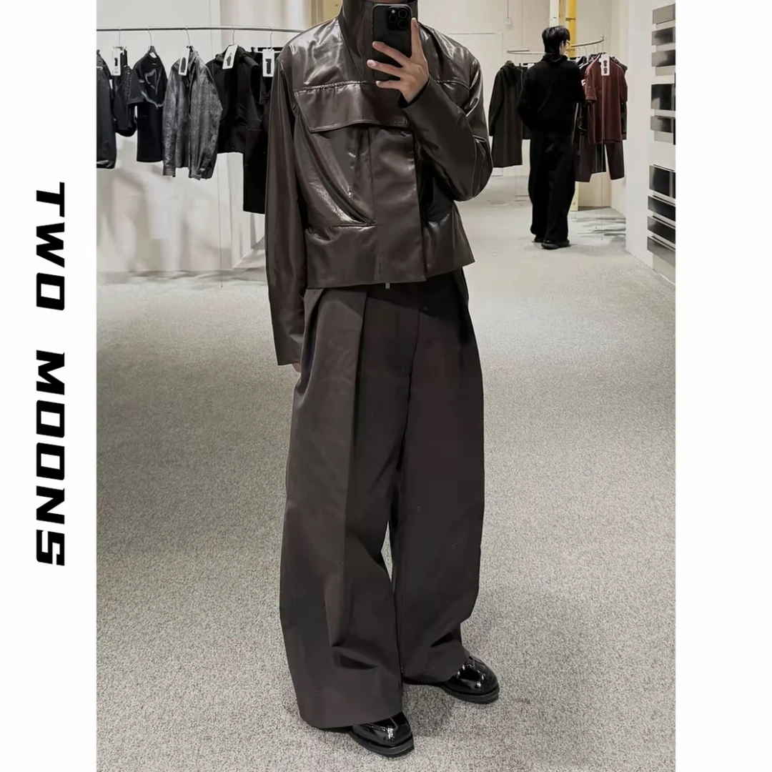 TWOMOONS两个月亮匹马棉磨毛深棕色打褶阔腿垂感西裤男