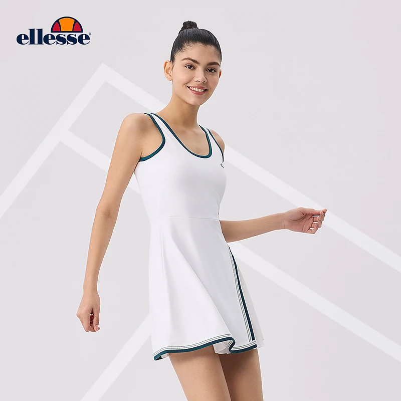 Ellesse不规则吊带压褶连衣裙网球运动显瘦自带胸垫羽毛球服跑步
