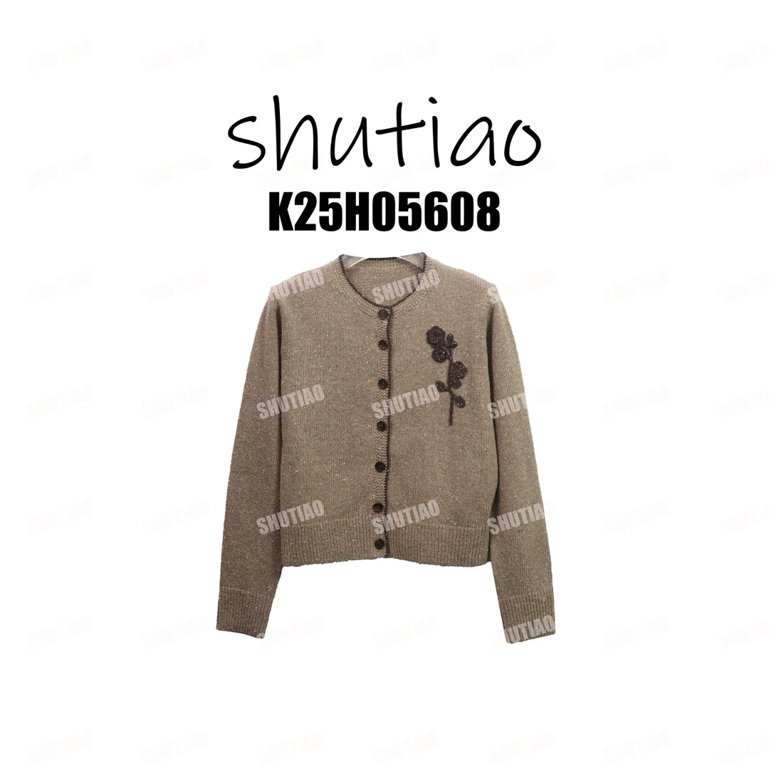 【SHUTIAO】2025秋冬：小众设计款卡其混纺绵羊毛花朵开衫K25H05608