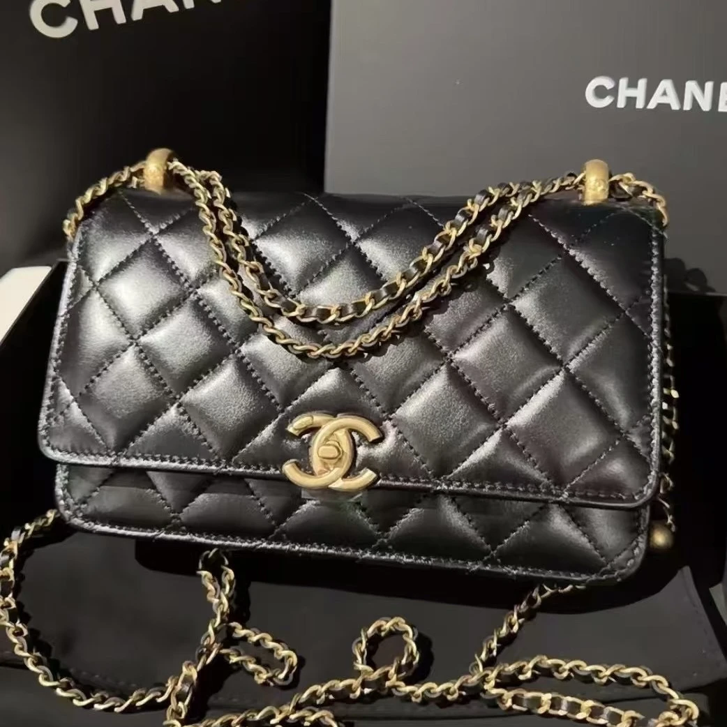 全新未使用 Chanel/香奈儿 24C 黑金双金珠woc 芯片款 链条斜挎包