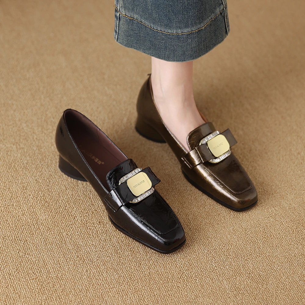 H158-86英伦风单鞋女2025春季新款粗跟中跟鞋小方头皮鞋