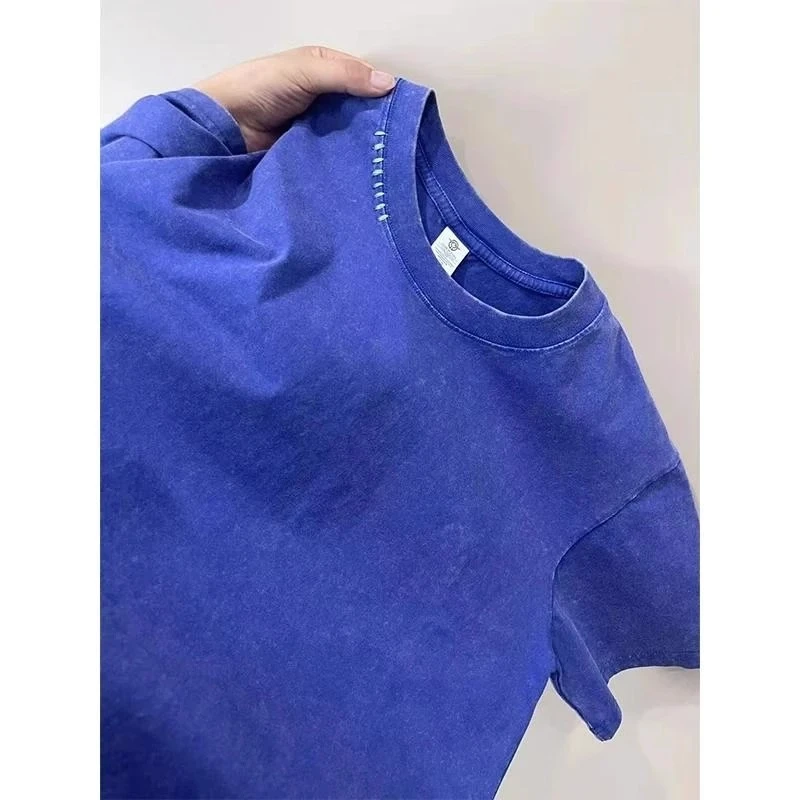 克莱因蓝重磅小领口t恤男款夏季美式复古短袖正肩水洗做旧半截袖