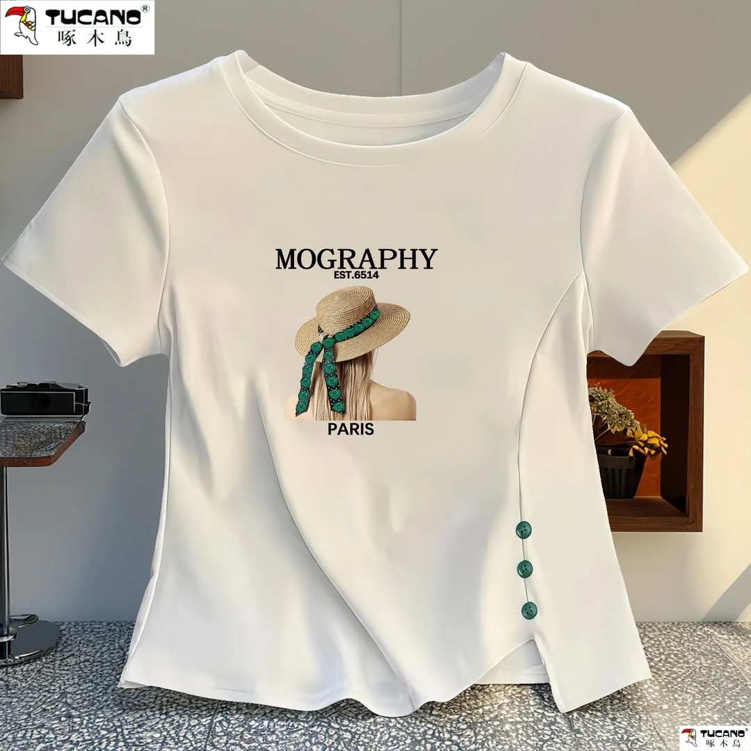 啄木鸟纯棉短袖t恤女2025夏季新款宽松百搭不规则短款体恤女上衣