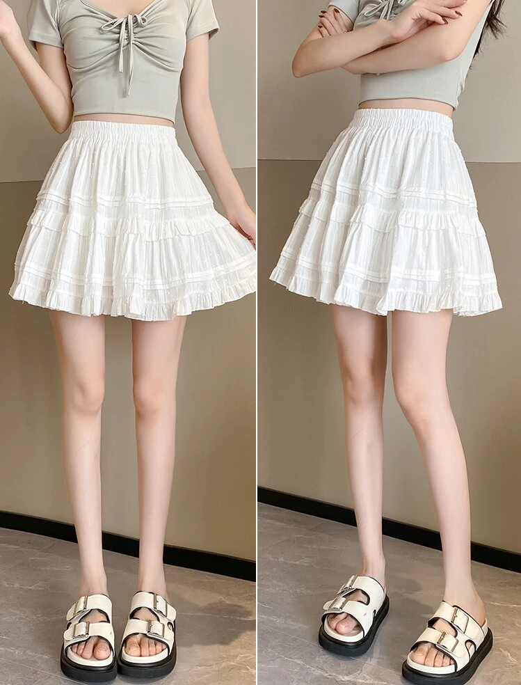 4285夏季时尚百搭白色蛋糕裙蓬蓬高腰甜美荷叶边裙A字短裙318