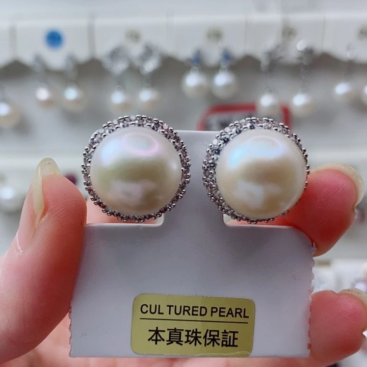 淡水珍珠银S925镶嵌耳饰A