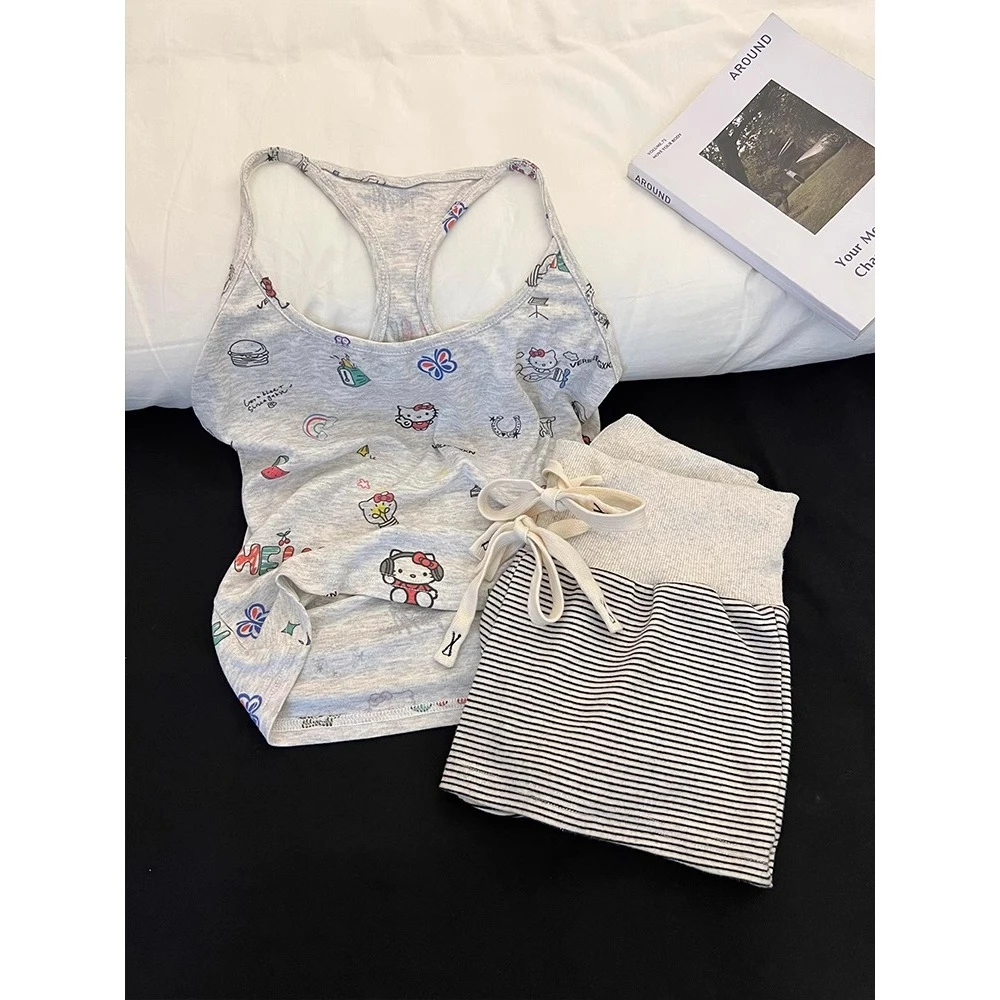 可爱Kitty猫印花吊带睡衣女夏新款纯欲风大码条纹短裤家居服套装
