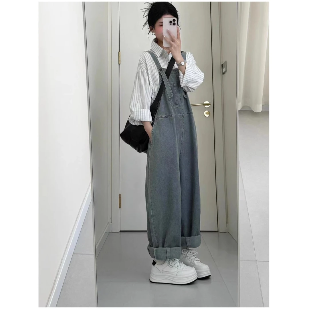 2025秋季新款超好看小个子宽松bf慵懒风高腰显瘦牛仔背带裤套装女