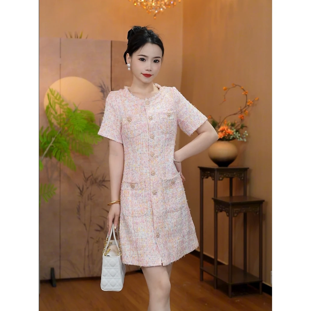 3539春夏新款减龄法式名媛小香风短袖连衣裙女小个子显瘦高端