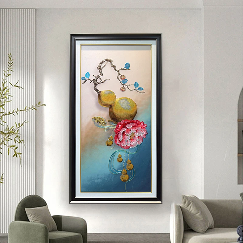 葫芦牡丹图玄关珠绣非遗精致高端餐厅过道工艺装饰画85165