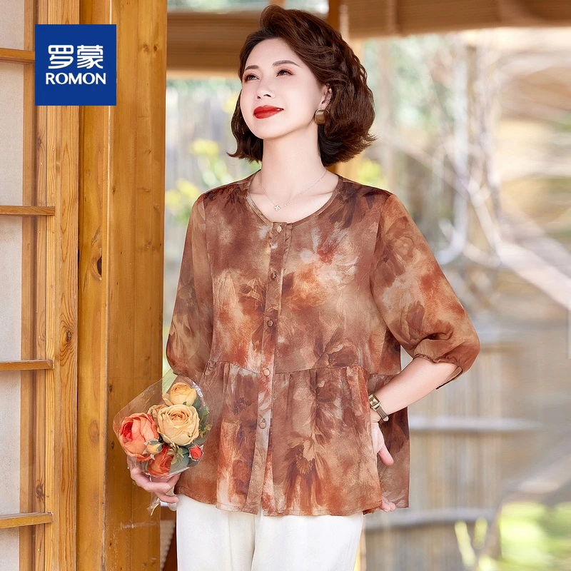 罗蒙夏季新款中年妈妈小衫套装女中老年国风薄款气质上衣两件套女