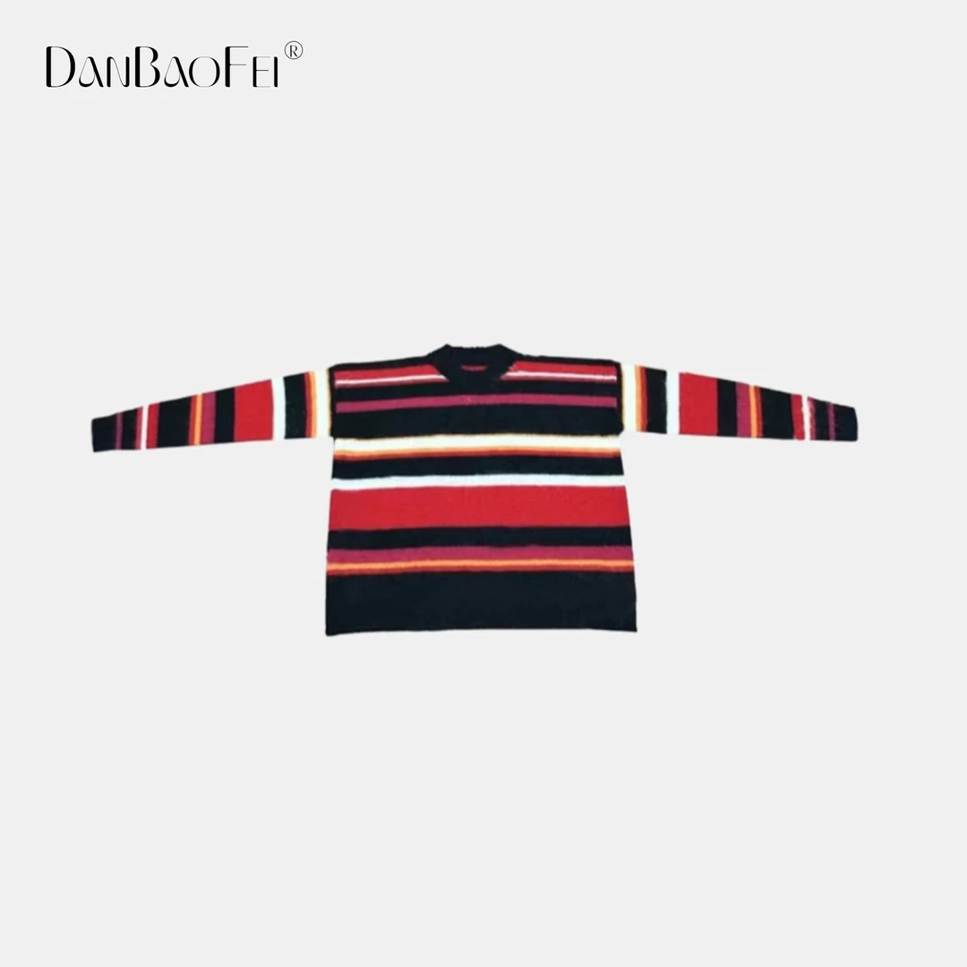 【KAREN TD预】复古撞色条纹宽松休闲圆领套头毛衣 YLM00492