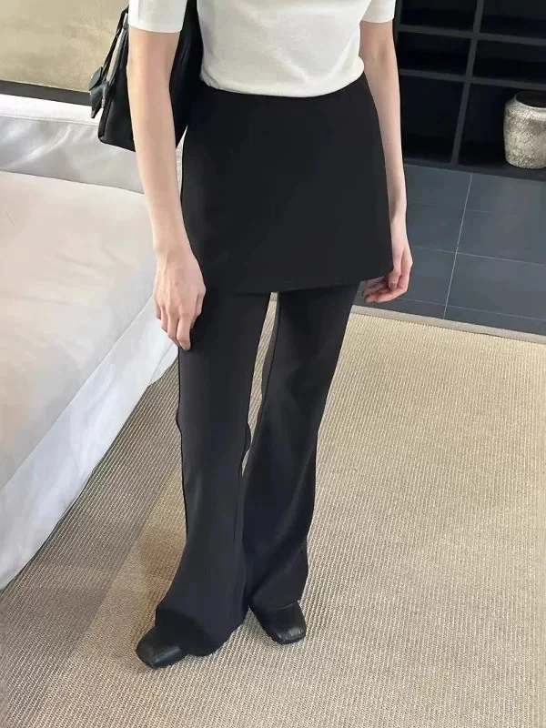 设计感黑色微喇裤女春季新款假两件半身裙喇叭裤显瘦长裤