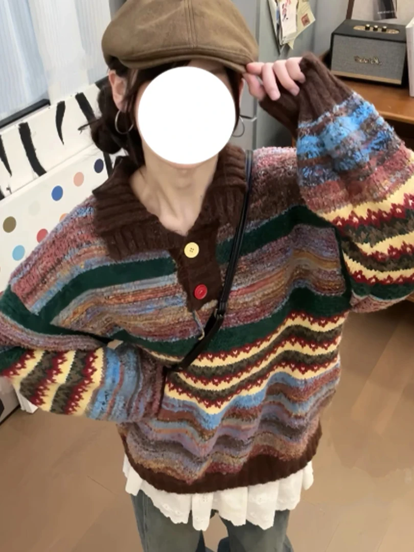 真的巨无敌保暖！冬季复古设计感Polo领宽松显瘦条纹氛围感女毛衣