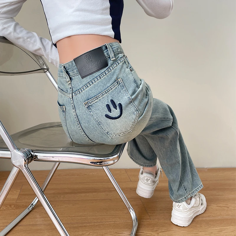 蜜蜜穿搭加绒加厚浅色窄版牛仔裤女2025冬直筒裤刺绣超火烟管长裤