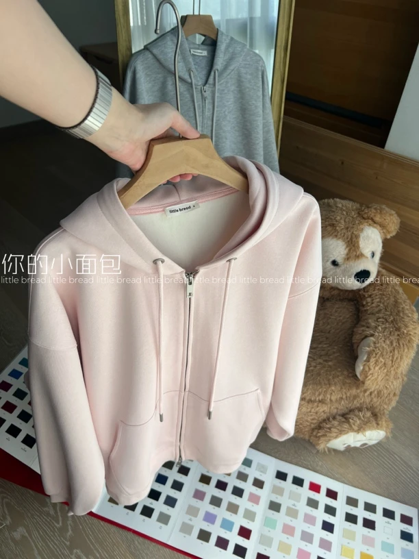 经典纯色连帽开衫秋季慵懒风卫衣 韩版纯色cleanfit风外套
