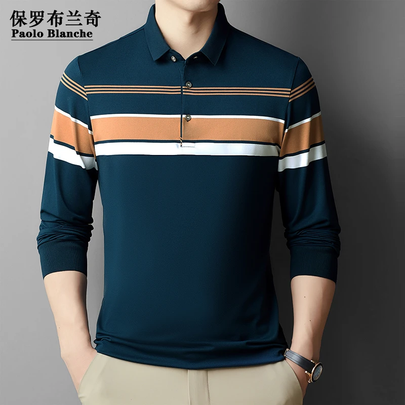 保罗男士春秋新款休闲长袖条纹POLO衫翻领高档舒适休闲潮流打底衫
