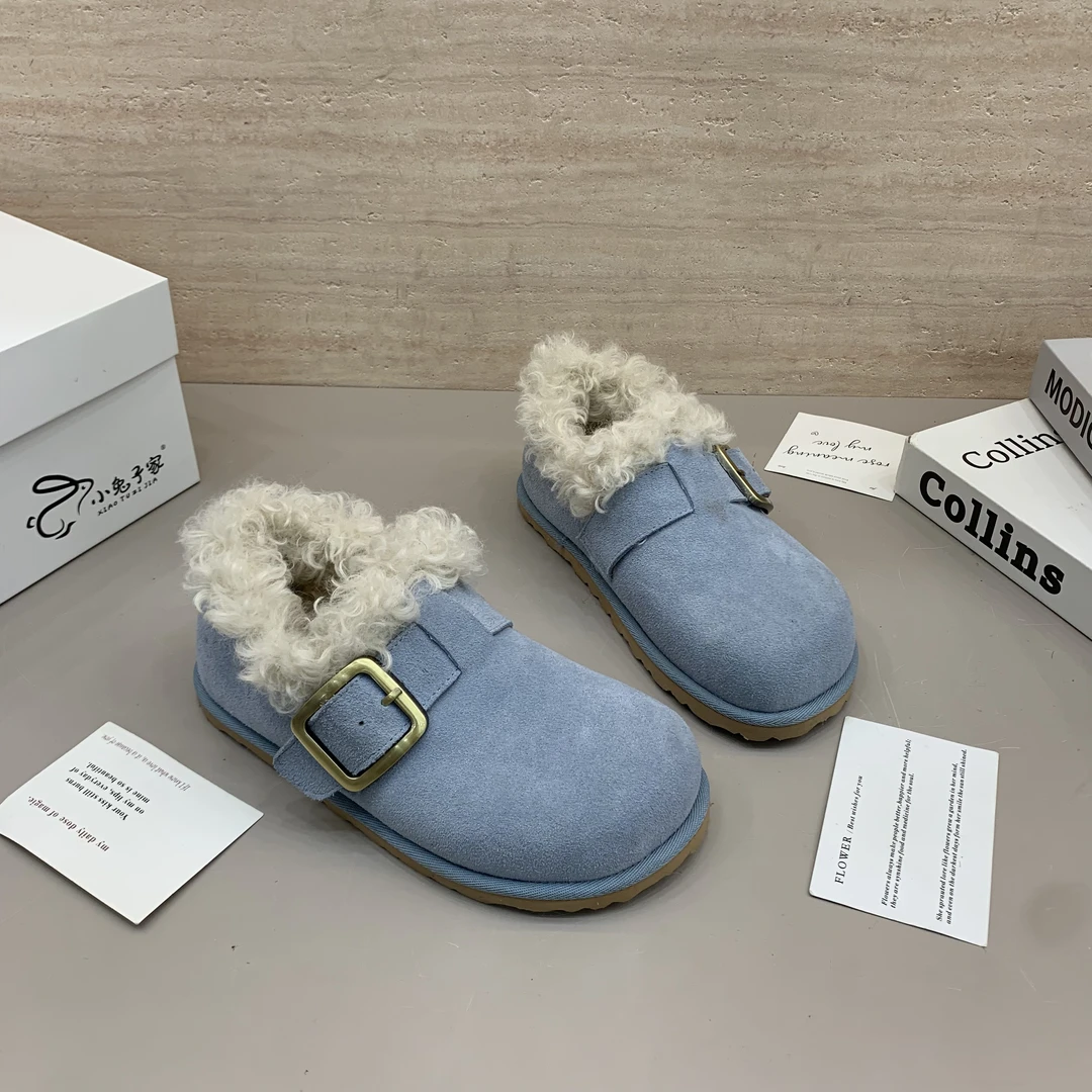 韩系磨砂皮平底羊羔毛加绒一脚蹬懒人鞋女外穿2025时尚百搭皮带扣