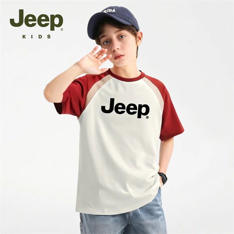 Jeep吉普童装儿童短袖T恤2025新款男童圆领宽松上衣撞色简约半袖