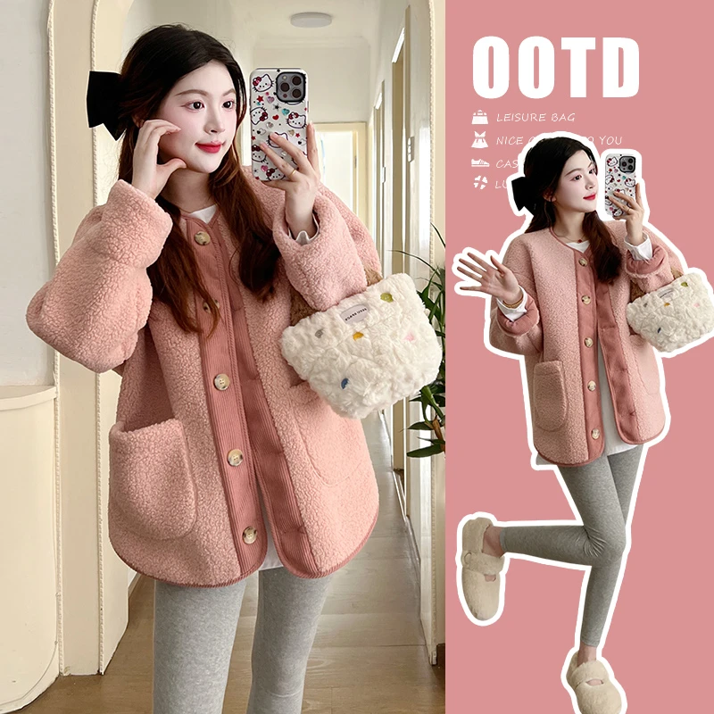 孕妇装秋冬季新款时尚韩版加厚摇粒绒毛加厚宽松保暖百搭外穿外套