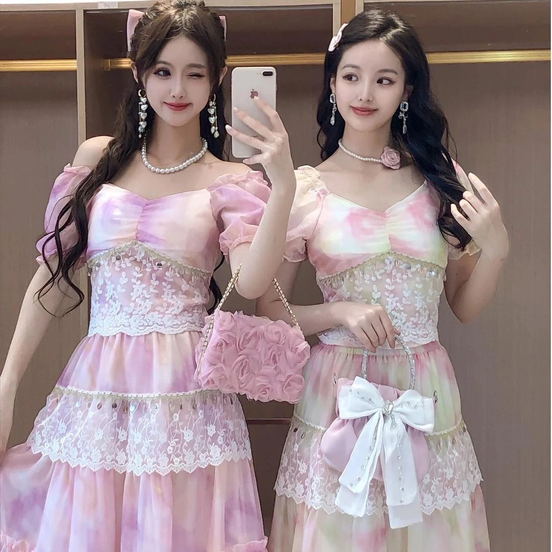 时尚夏季新款甜美多巴胺晕染蕾丝拼接上衣半身裙套装 F0708