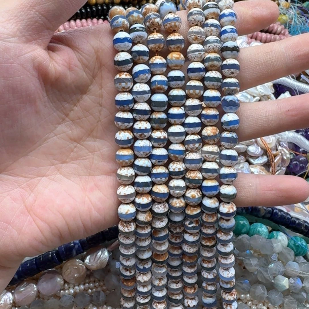 合金玛瑙/玉髓珠宝半成品一条8mm蓝一线
