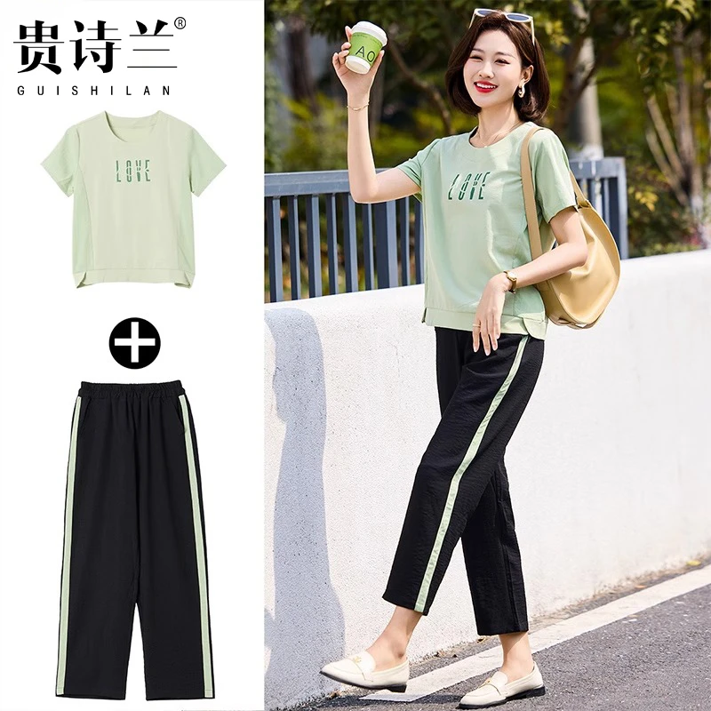 中年妈妈夏装短袖T恤母亲节礼物中年女夏季休闲运动套装2025新款