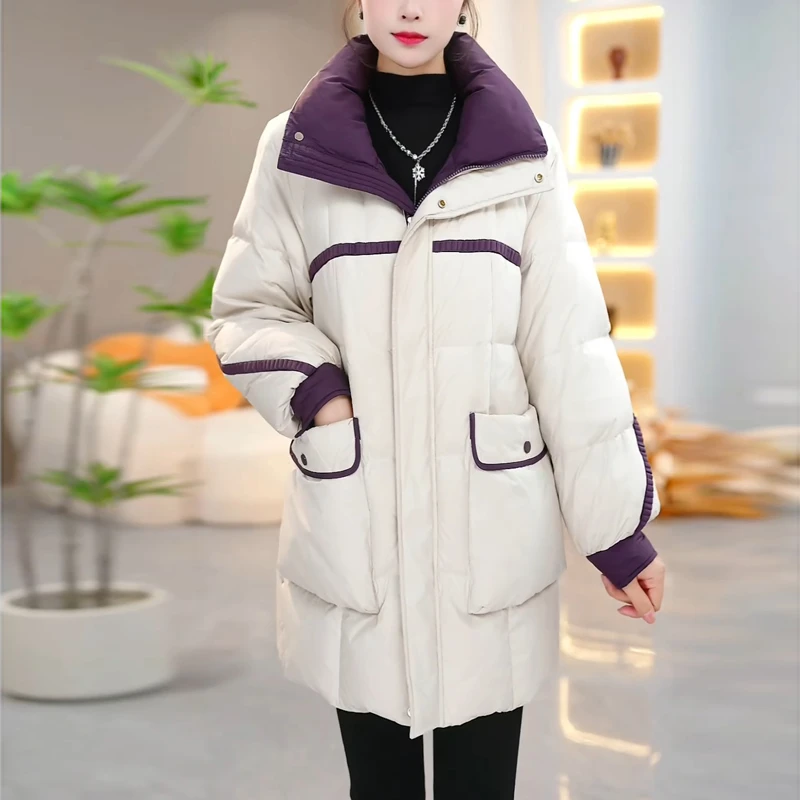 时尚撞色领羽绒服女2025年冬季新款中长款加厚保暖白鸭绒外套显瘦