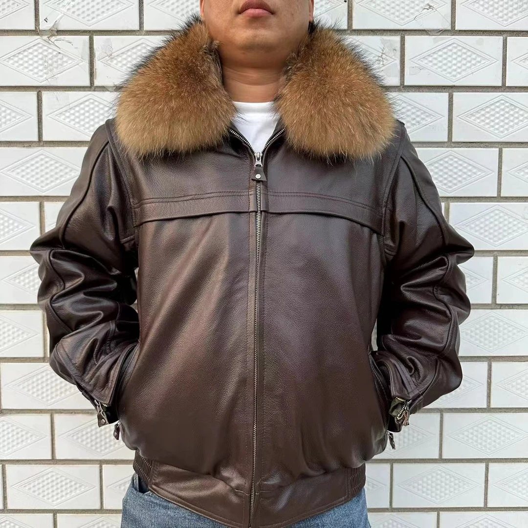 牛皮翻领皮衣冬款男士加厚保暖爸爸冬季潮流中老年皮衣夹克
