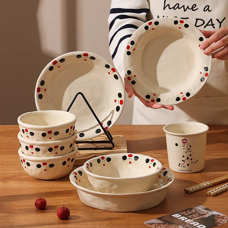 可爱斑点狗餐具家用陶瓷漂亮饭碗早餐盘子高颜值手握杯沙拉碗汤盘