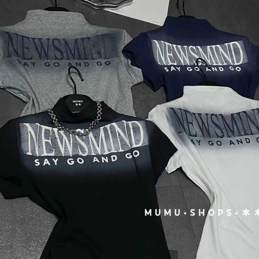 立领短袖印花吸汗字母高领T恤夏季潮流ins春日慢人风