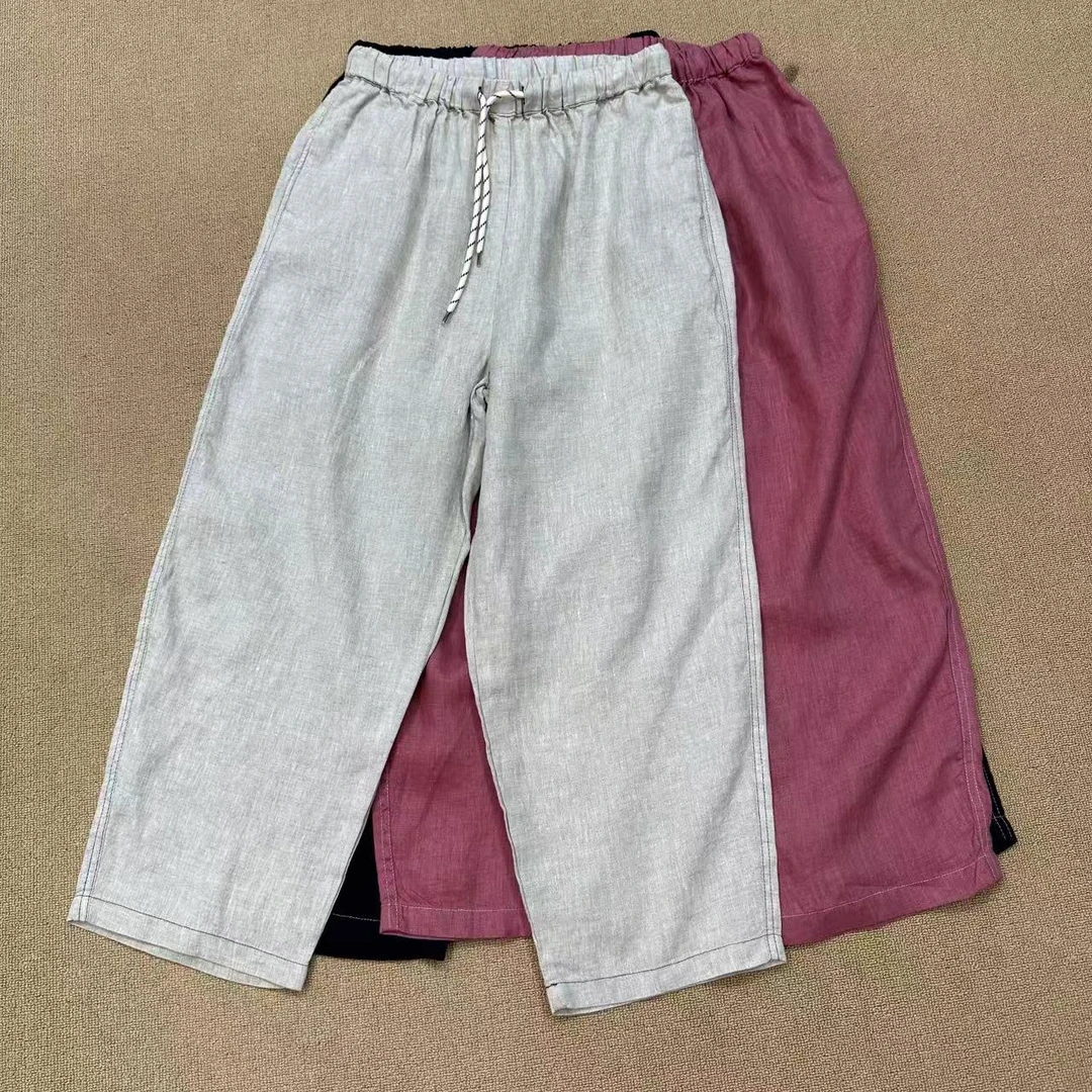 2025夏季新款腰口抽绳百搭显瘦精致明线设计纯色亚麻窄版直筒裤