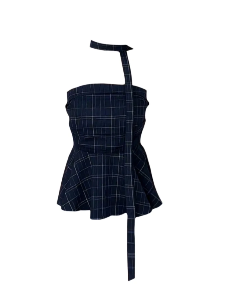 【Amy家】辣妹风复古撞色格子抹胸背心女设计感荷叶边露肩性感上衣